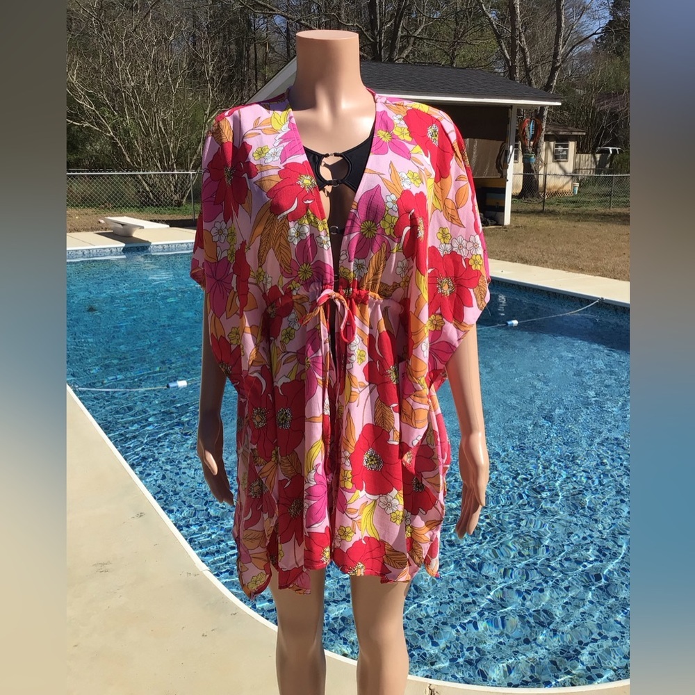 Room Mates Womens Red Floral Tie Front Kimono Swimsuit Cover Up